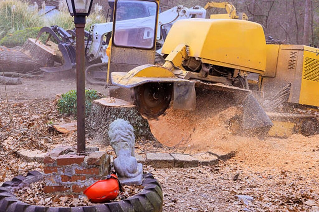 Stump grinding machine removing a large tree stump and wood debris in a residential yard in Beachwood, OH